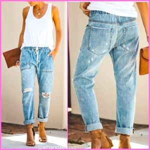 Mustard Seed Distressed Drawstring Denim Joggers